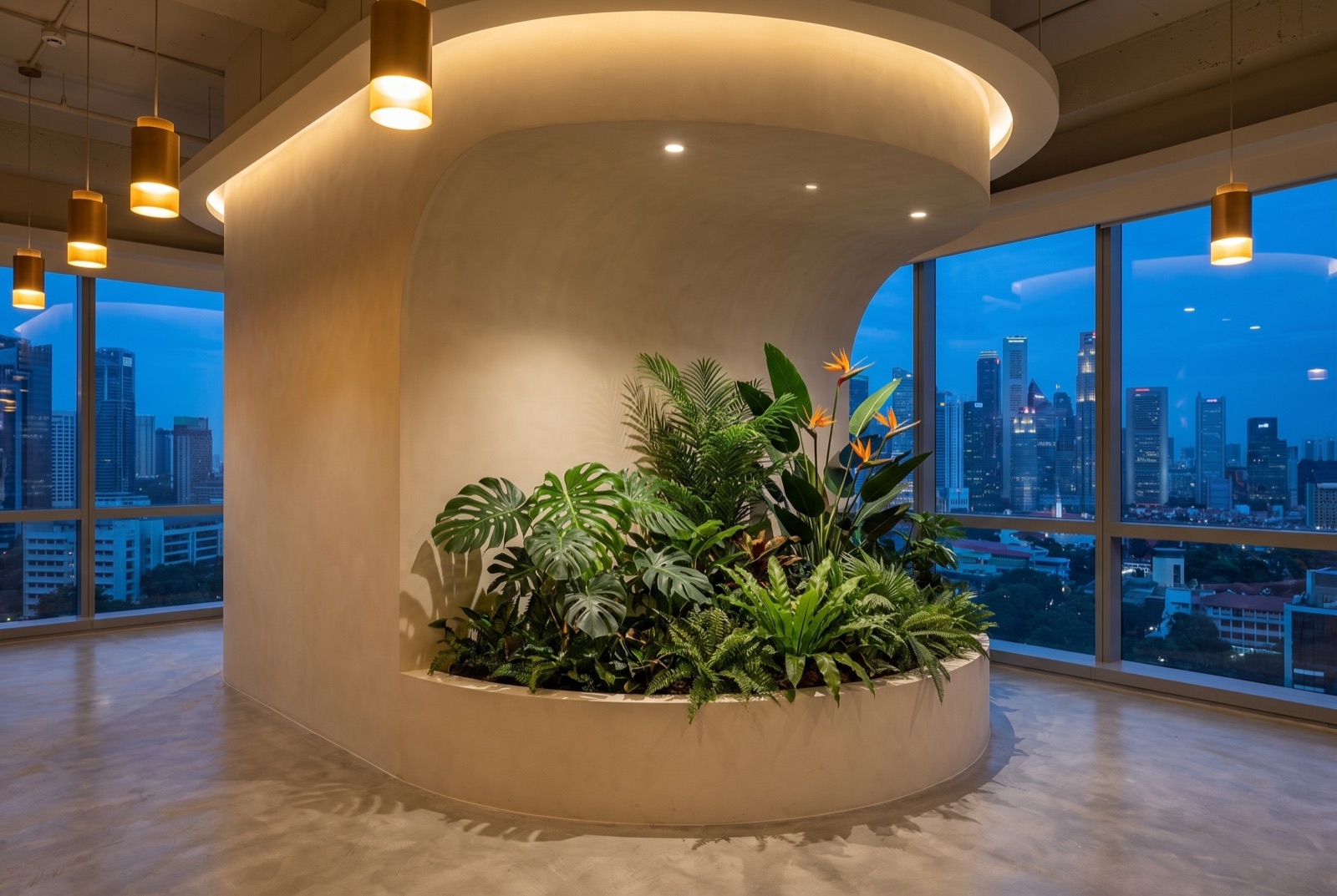 Curved plaster partition wall with planting alcove in a Singapore office