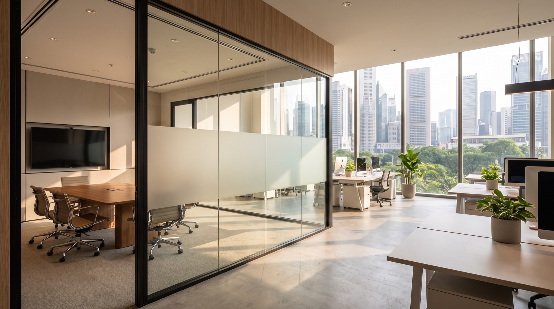 Modern glass office partition wall dividing a meeting room from an open workspace in a Singapore office