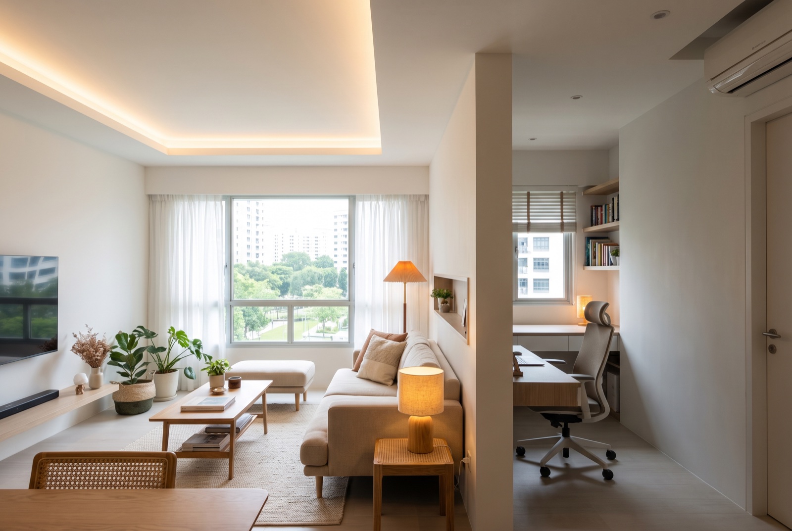 Condo living room with a false ceiling cove lighting channel and slim drywall partition installed by Maynard